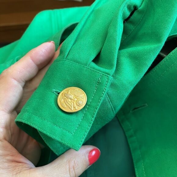 Vintage 80s Linda Lewis green cotton military style long jacket or coat dress - Picture 9 of 11